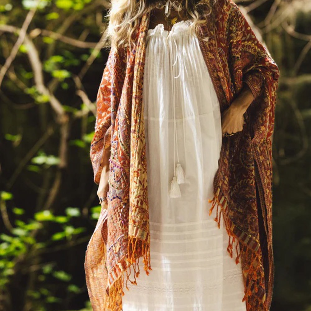 Poncho mujer estampado flecos Poc a Poc Amoha