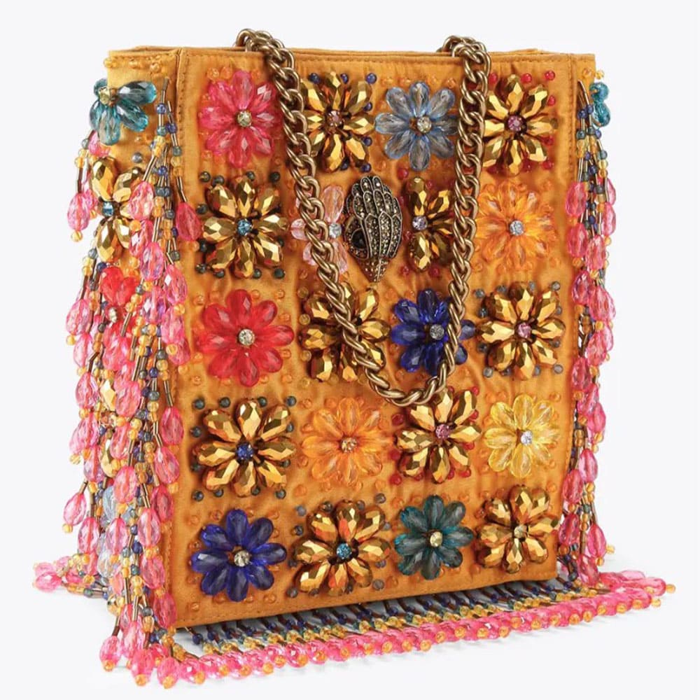 Cartera fiesta cadena perlas Kurt Geiger con flores joya foto 3