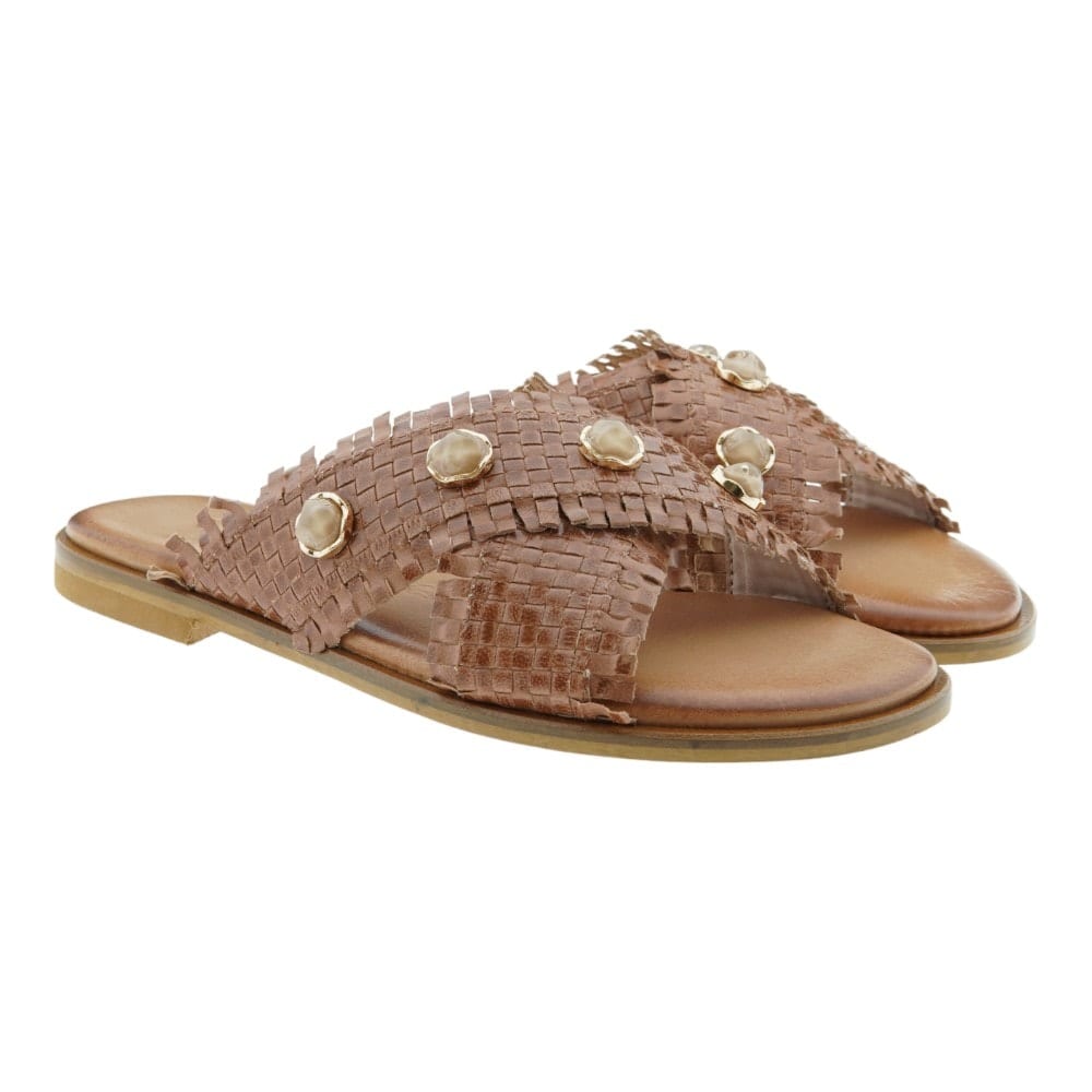 Sandalias Planas Trenzadas Caryatis Adornos Piedras 6048