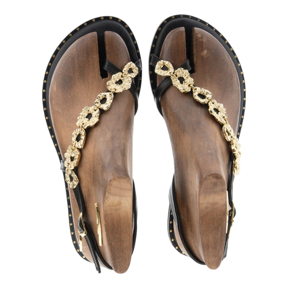 Sandalias griegas Caryatis de piel marrón con cadena dorada – Gallery Carrilé foto 2