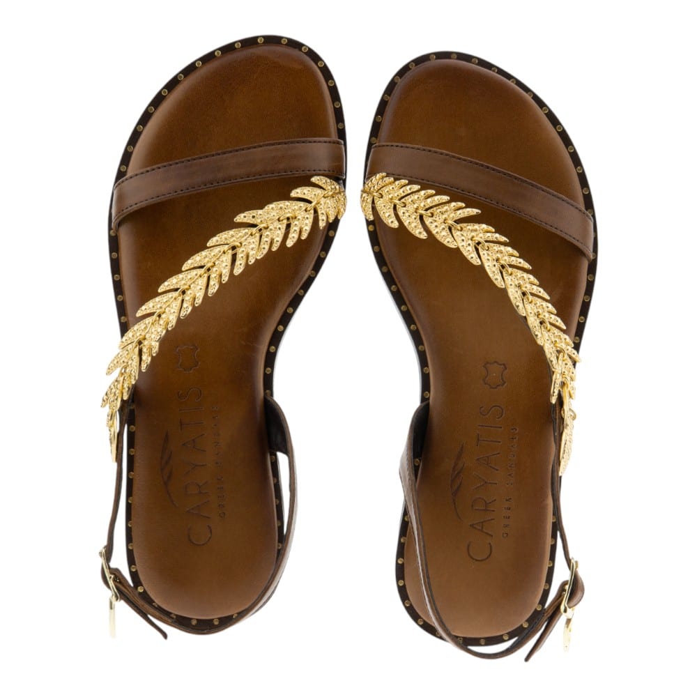 Sandalias griegas mujer Caryatis con tacón y hoja dorada – Estilo y artesanía foto 2