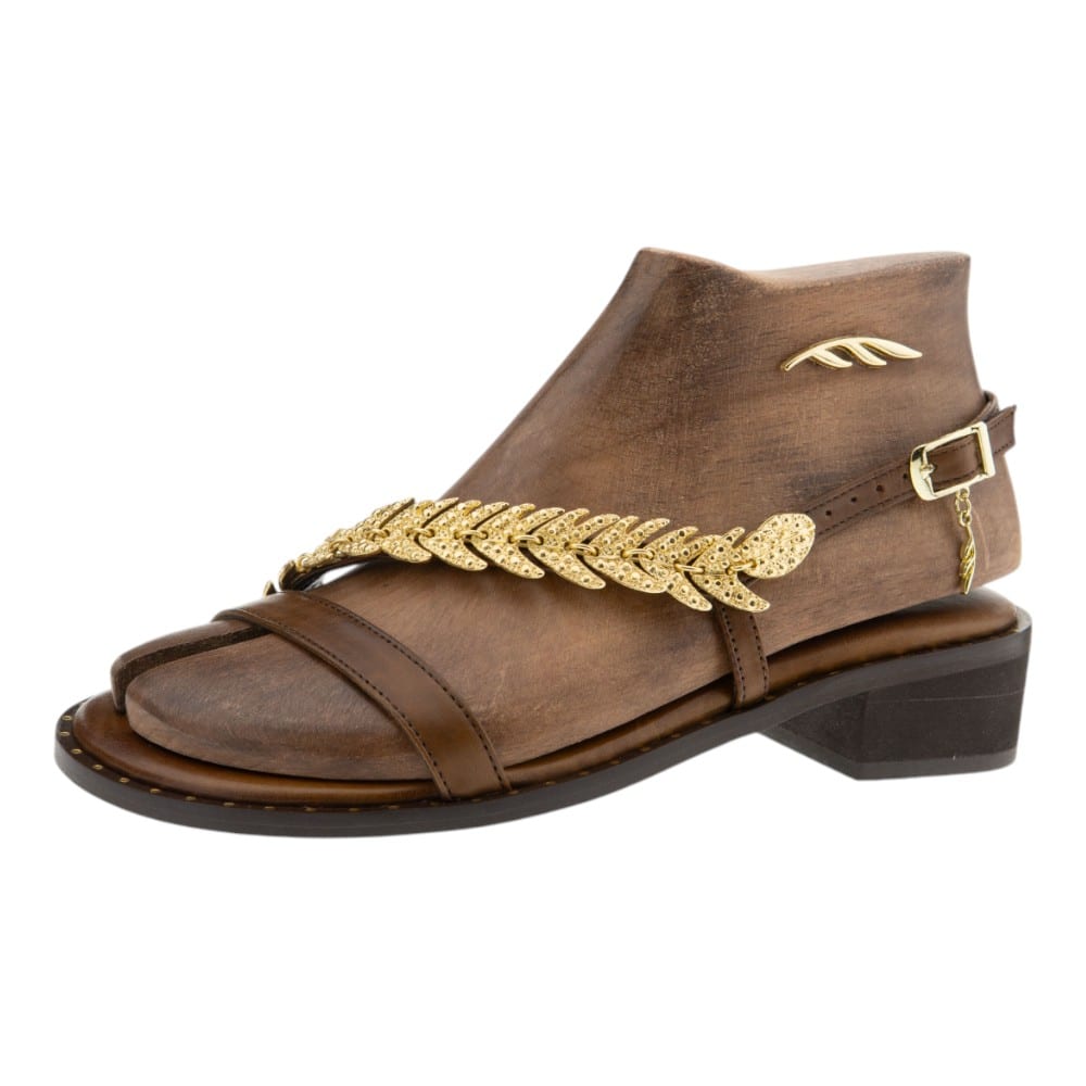 Sandalias griegas mujer Caryatis con tacón y hoja dorada – Estilo y artesanía foto 3