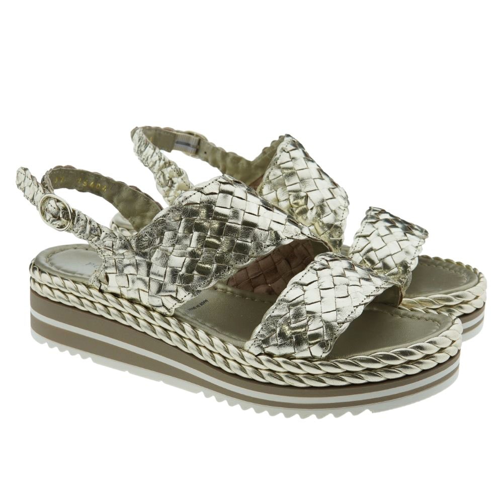 Sandalias doradas piel trenzada cuña Pons Quintana 9796.T00