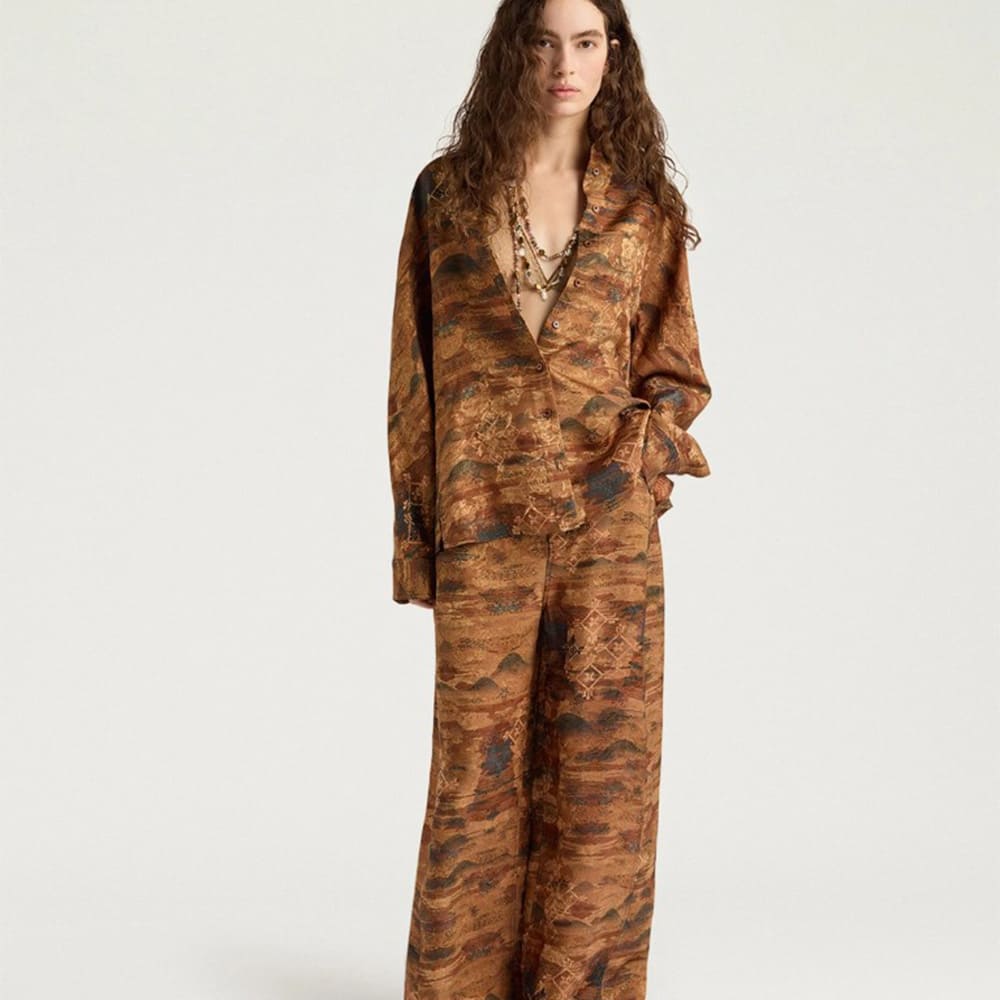 Pantalones anchos vestir jacquard Momoni en tonos tierra foto 2