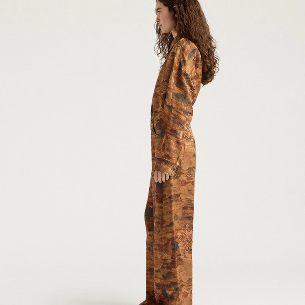 Pantalones anchos vestir jacquard Momoni en tonos tierra foto 3