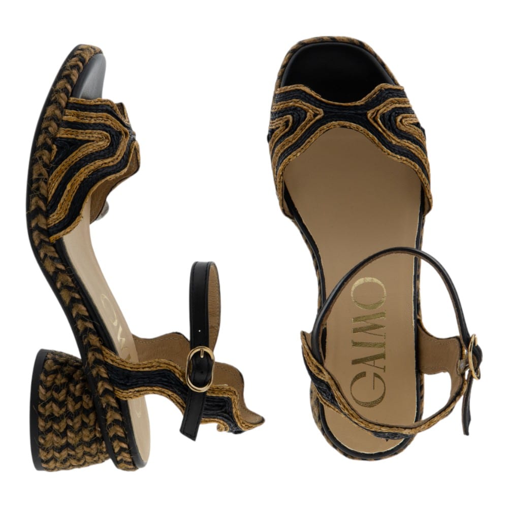 Sandalias mujer Gaimo rafia tacón ancho negro y camel | Estilo mediterráneo foto 2