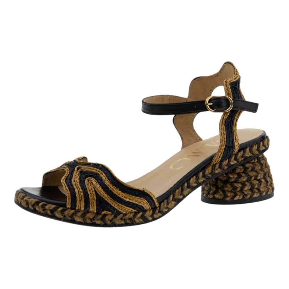 Sandalias mujer Gaimo rafia tacón ancho negro y camel | Estilo mediterráneo foto 3