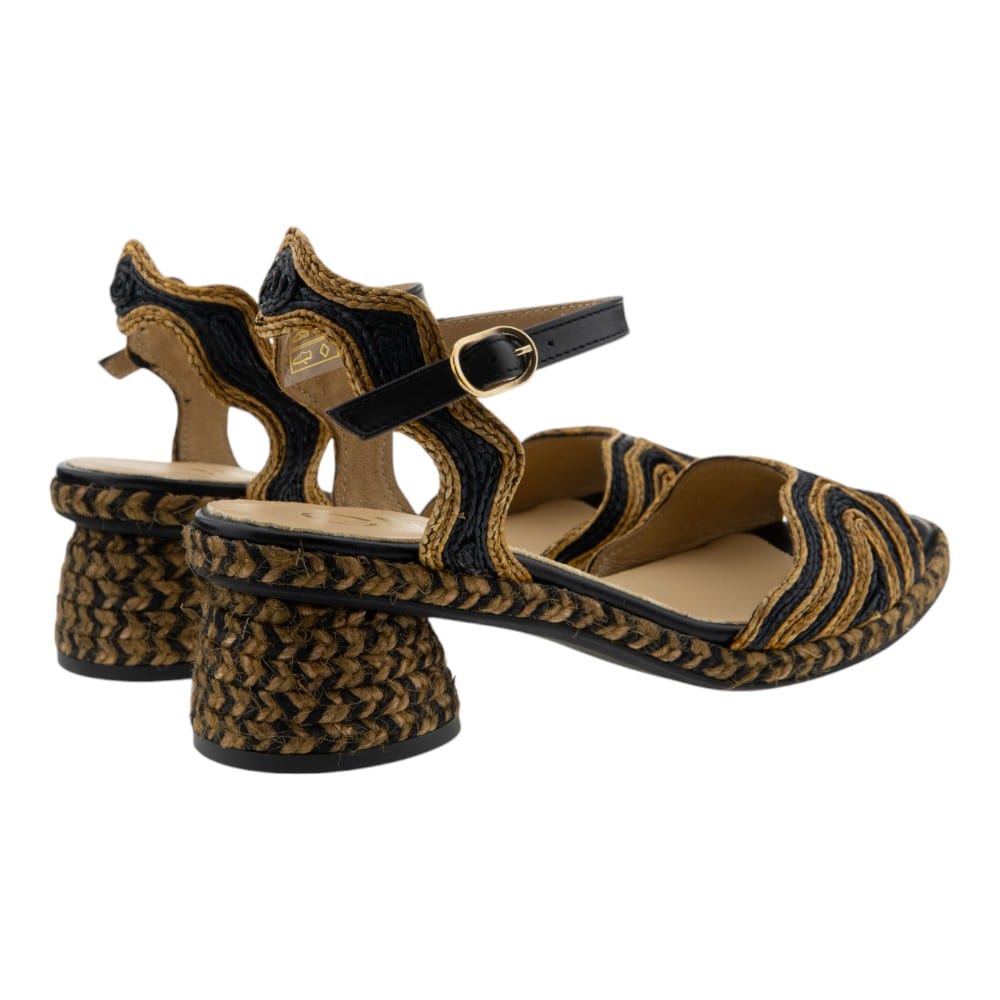 Sandalias mujer Gaimo rafia tacón ancho negro y camel | Estilo mediterráneo foto 4