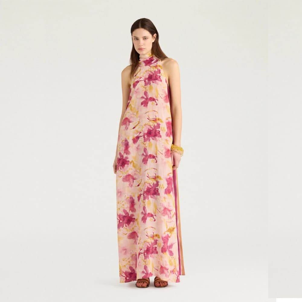 Vestido largo cuello halter Momoni estampado rosa foto 2