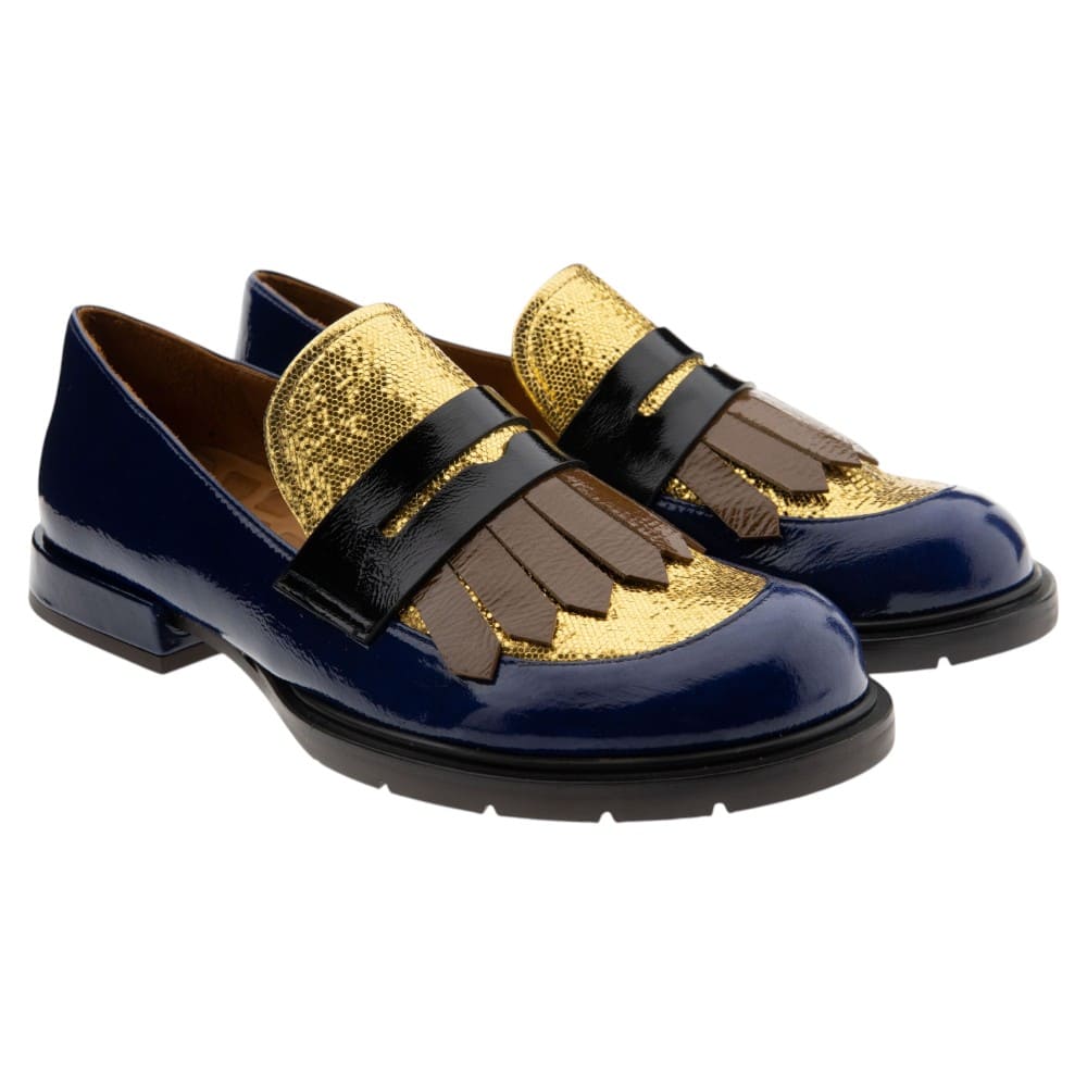 Mocasines mujer flecos azul y dorado Chie Mihara Jeluse