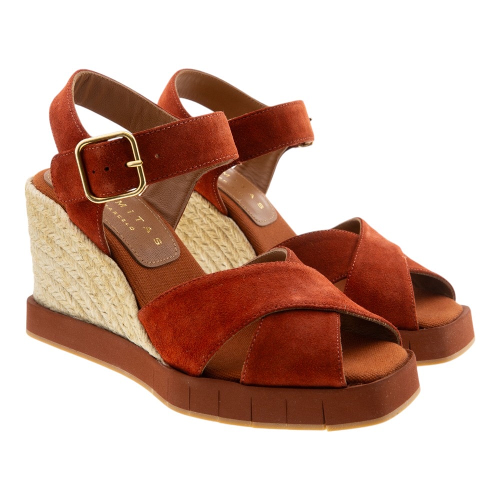 Sandalias Cuña Yute Serraje Teja Palomitas Laurel