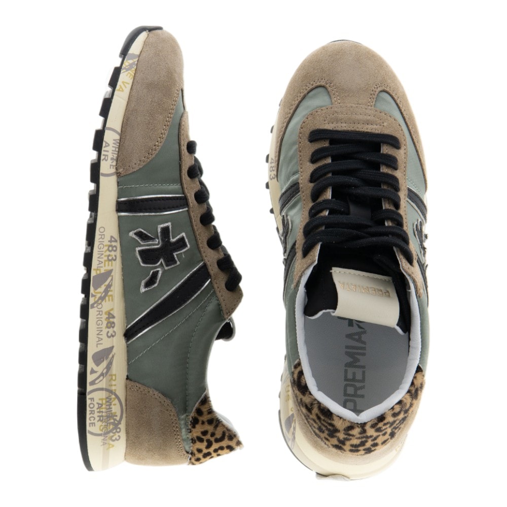 Sneakers grises mujer Premiata con animal print y detalles en negro foto 2