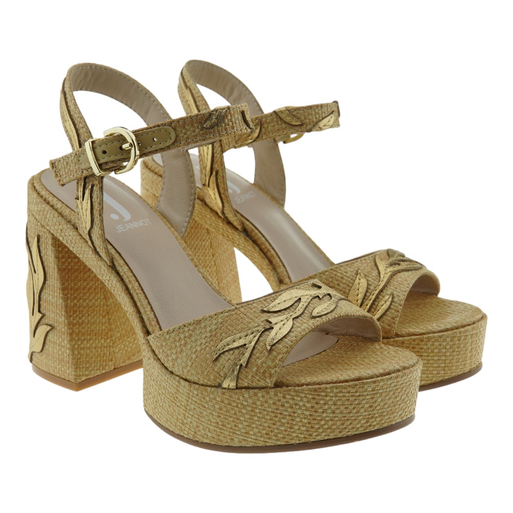 Sandalias tacón y plataforma rafia detalle hoja Jeannot TJ542