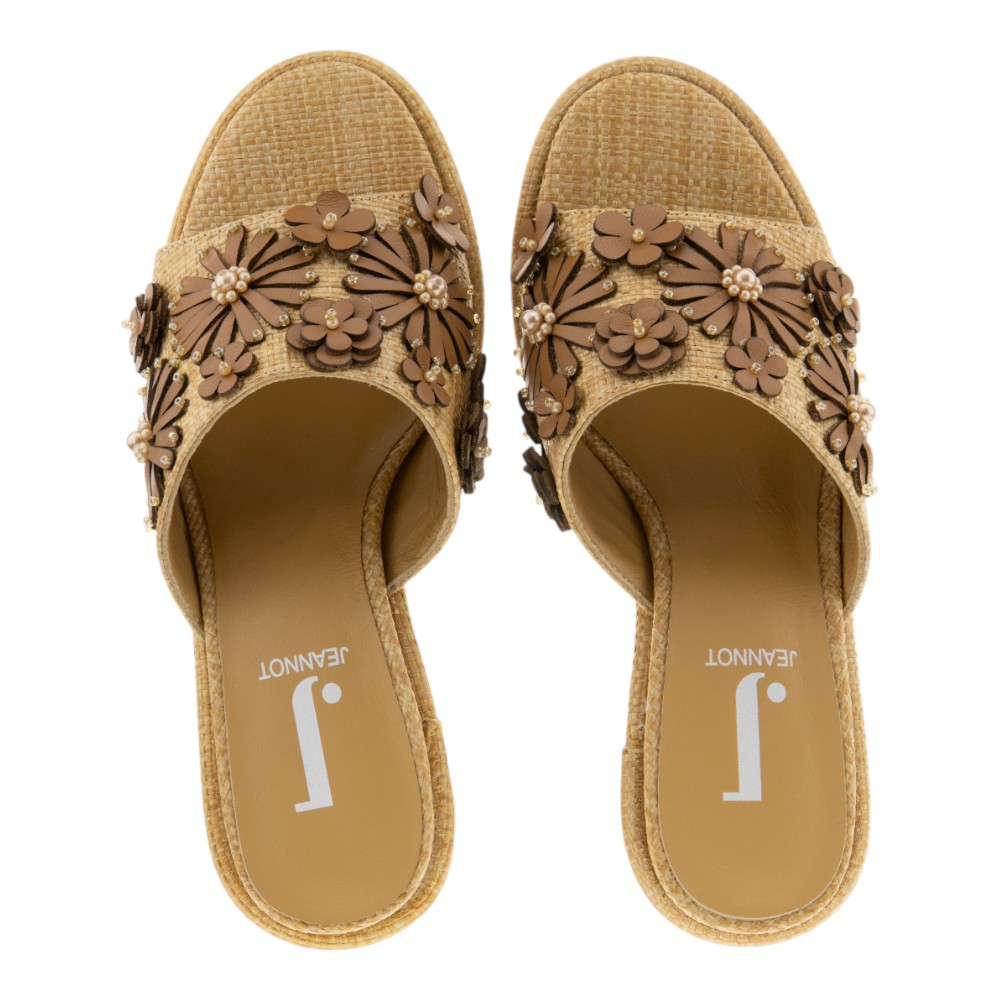Sandalias pala tacón mujer Jeannot de rafia con apliques florales foto 2