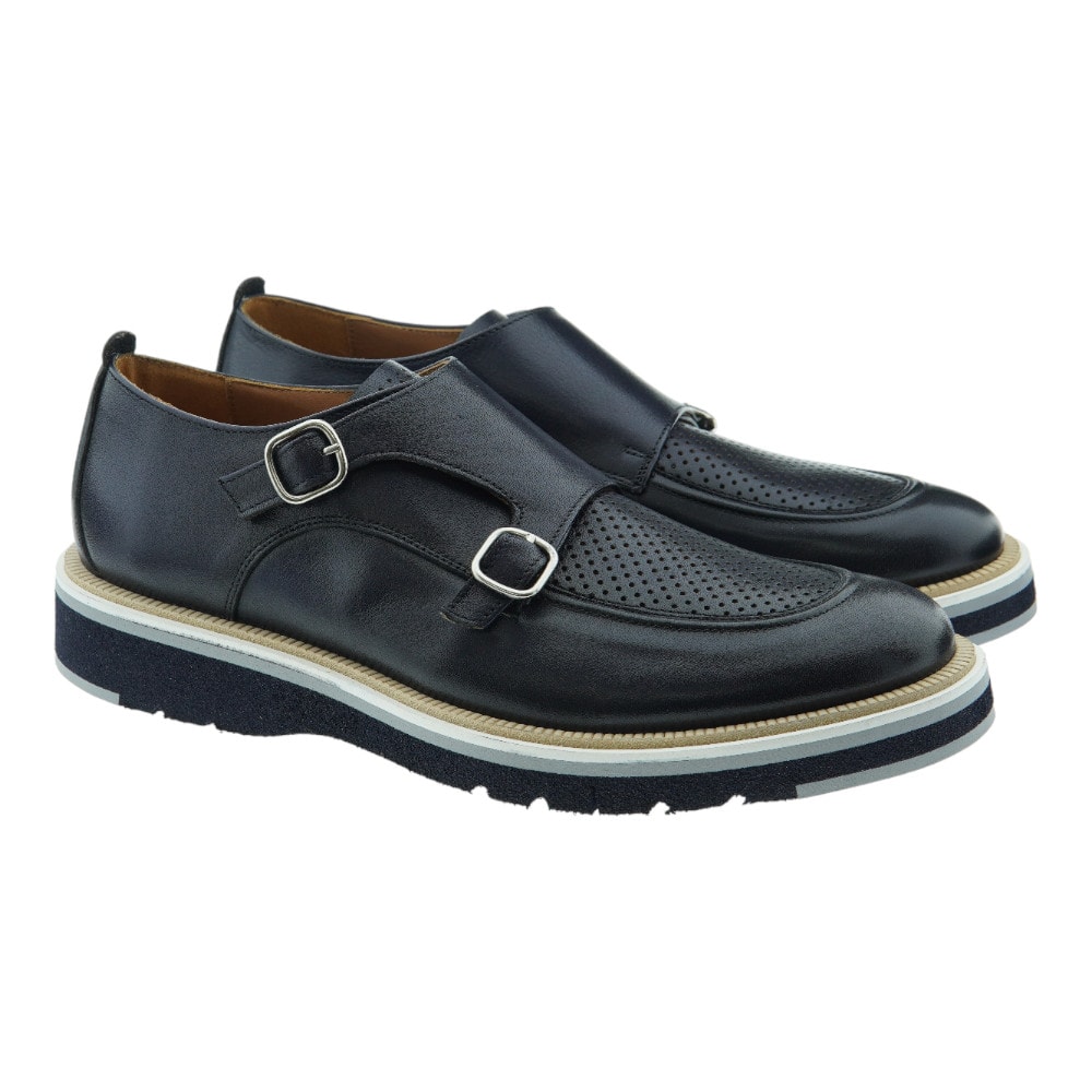 Zapatos Dos Hebillas Azul Marino Calce Hombre X2034